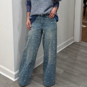 ShopEvelynne Blue Wide Leg Jeans with Pearl Accents